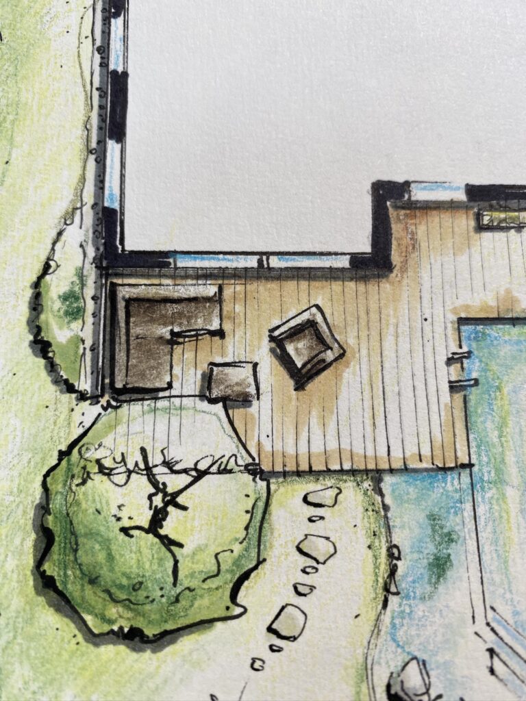 Gartenplan mit Holzterrasse
